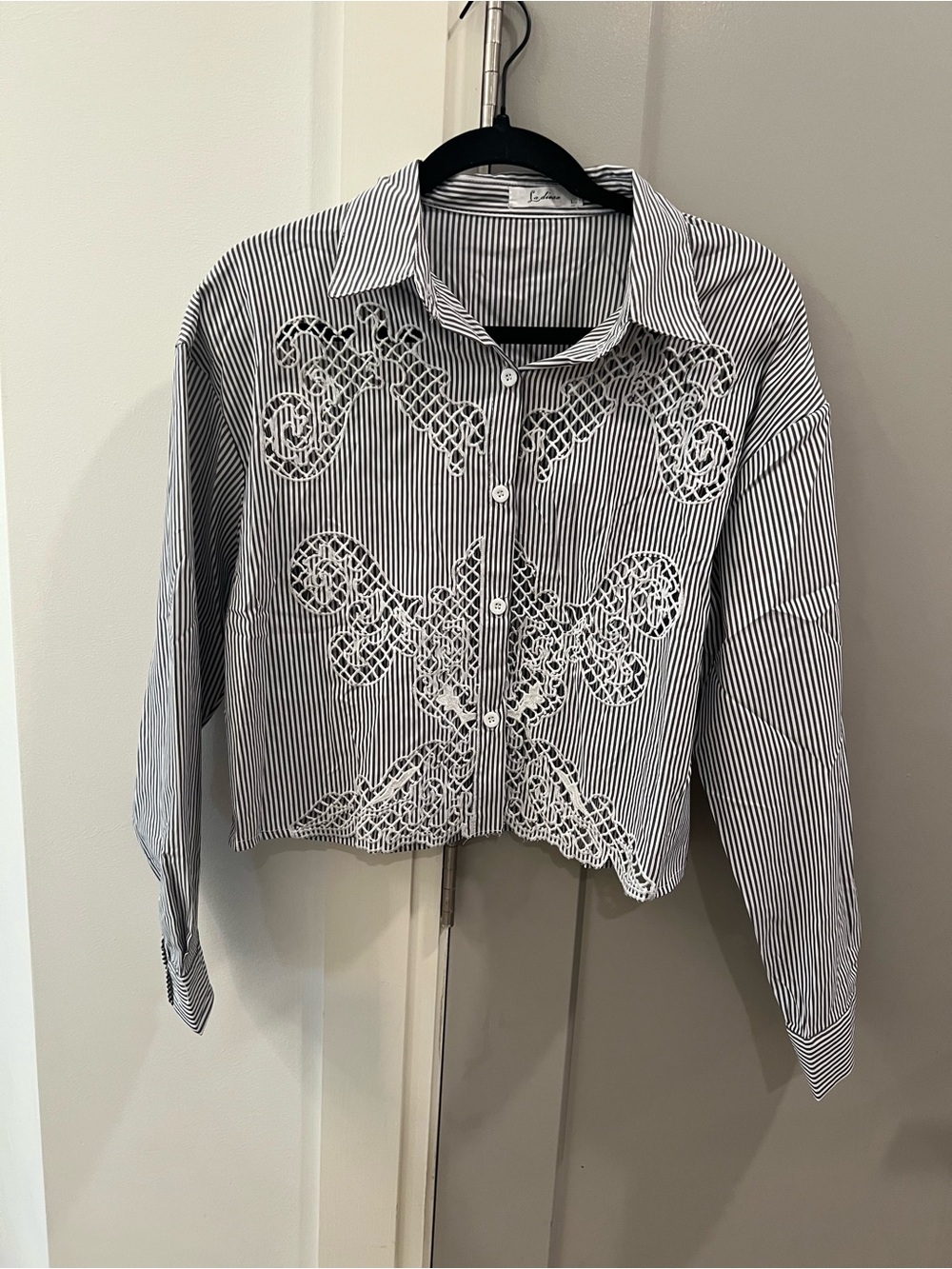 Striped Button-Down Top with White Crochet Appliqué